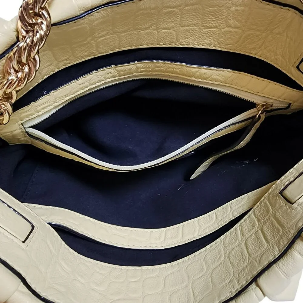 Sam Edelman Cream Croc Embossed Faux Leather Shoulder Bag Gold Chain‎ Strap Hobo